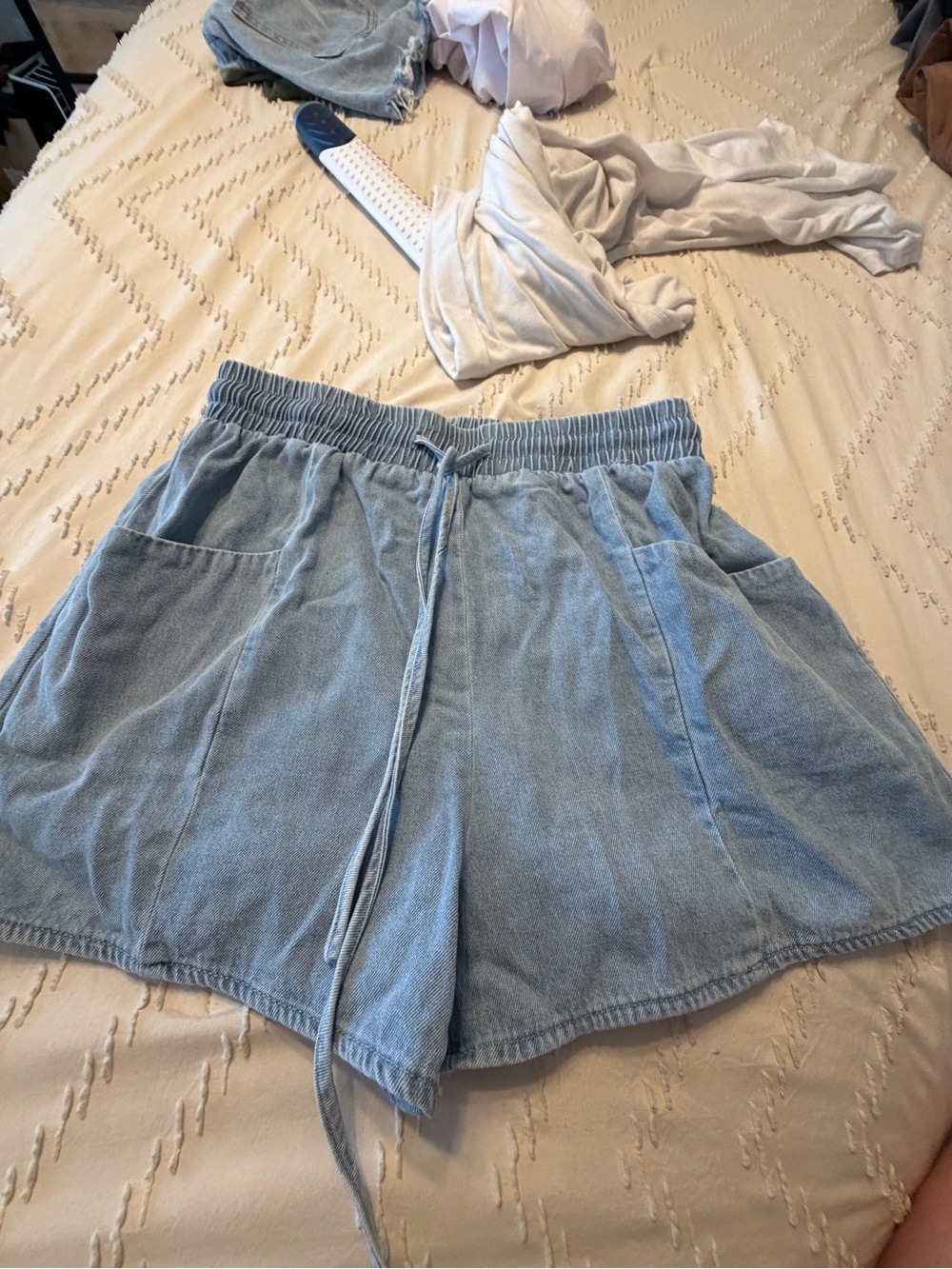 Cupshe Light Blue Terry Cloth High-Waist Drawstring Shorts